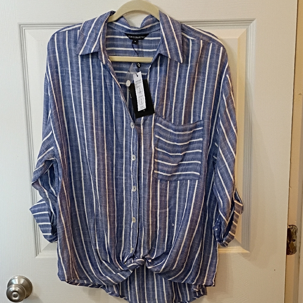 Men's Blue Striped Casual Button-Down Shirt with Pocket